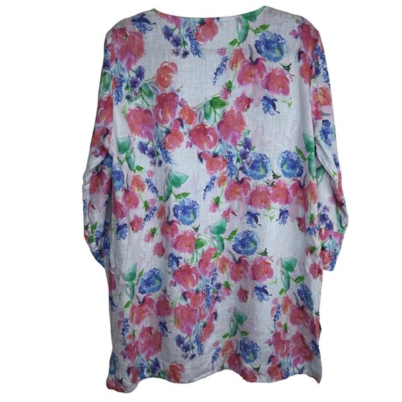 Cut Loose Blue Pink Floral 100% Linen Tunic Top 3/4 Sleeve HighLow Lagenlook SzM - Picture 5 of 7